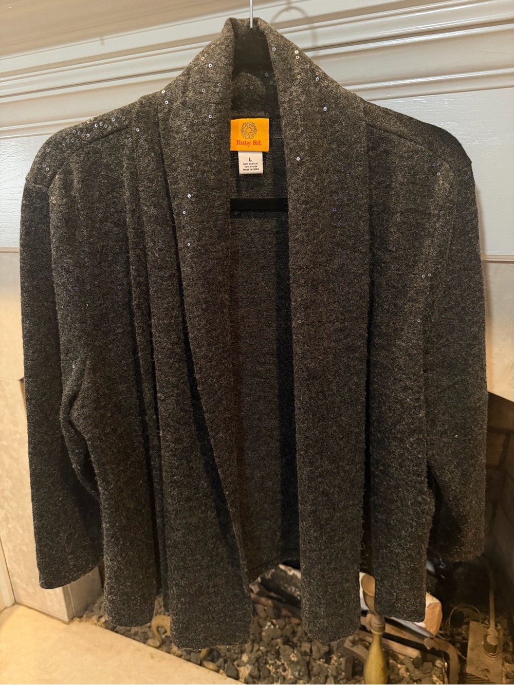 Ruby Rd. Charcoal Sequin-Embellished Open Front Grey Cardigan size large
